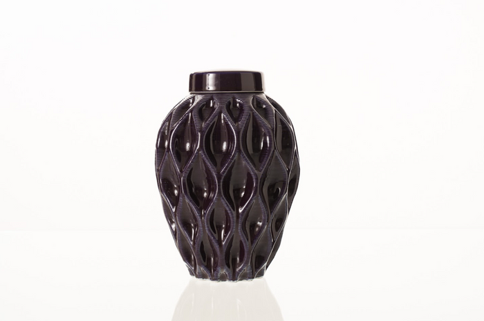Dark purple Echo 3D printed ceramic urn with flowing diamond lattice pattern and lid