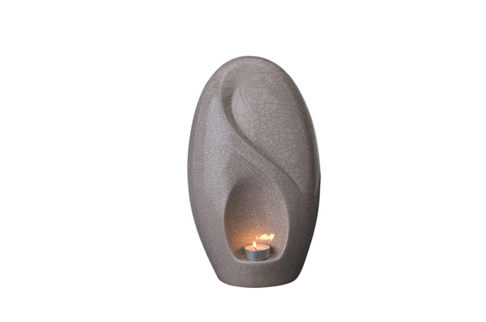 Eternity Ceramic Urn in crackled gray glaze with a recessed candle holder and subtle vein pattern.