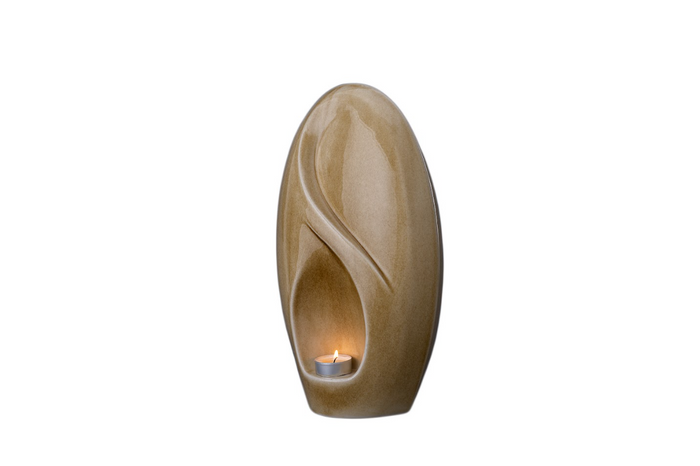 Tan Eternity Ceramic Urn with built in candle holder and curved infinity motif