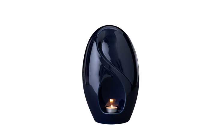 Deep navy Eternity Ceramic Urn with built in candle holder and sculpted curves