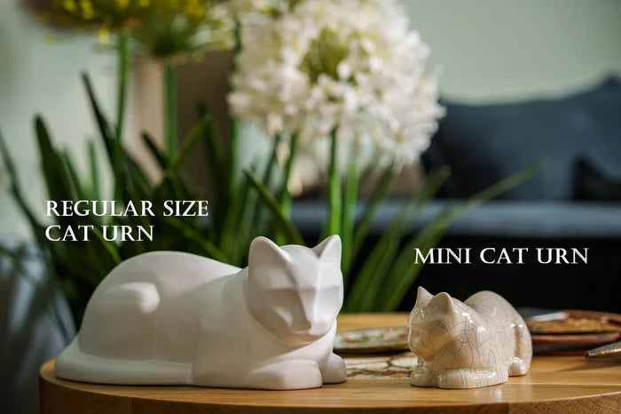 Regular size cat urn and mini cat urn displayed on a wooden table with greenery in the background