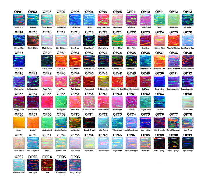 A grid of 96 small color sample cards labeled OP01 through OP96, showing many different fabric or material color options in a rainbow-like assortment.